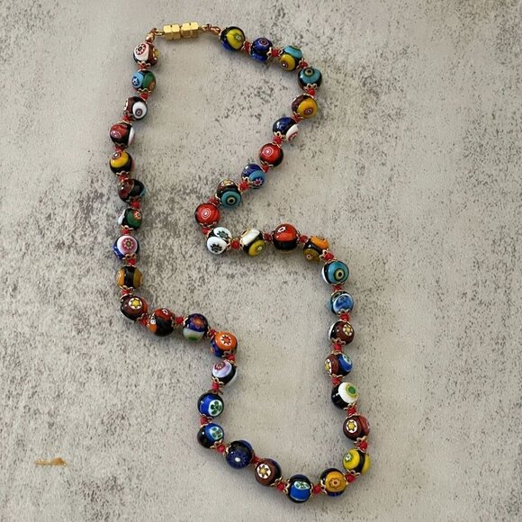 Murano Jewelry - Vintage Murano Mille Fiori 7mm Hand Blown Glass Beads Strand Necklace 18"